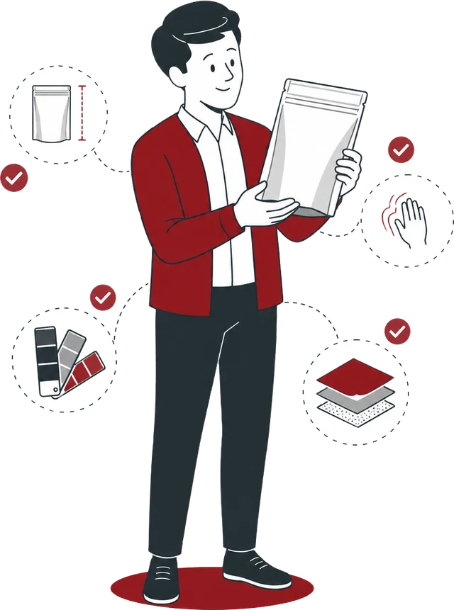 Illustration: Person prüft ein Verpackungsmuster