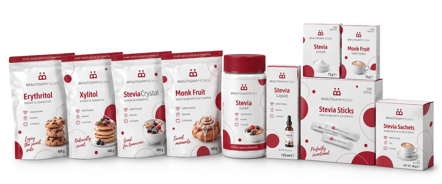 Mock-up einer kompletten Produktgruppe: Beutel, Faltschachteln, Sticks und Flasche